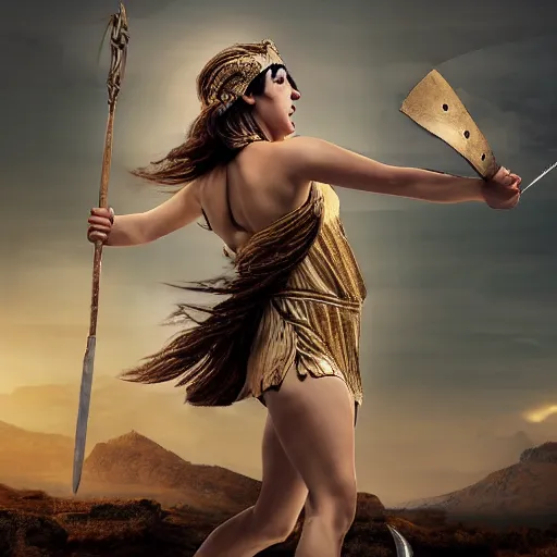 Image similar to Greek goddess Athena fighting with stupidity, stupidity is represented by internet influencers, realistic person, spear in the right hand, long hair, natural look, realistic photography, hyper realistic, highly detailed, 4k, battle landscape, high quality image, couraging and atmospheric composition