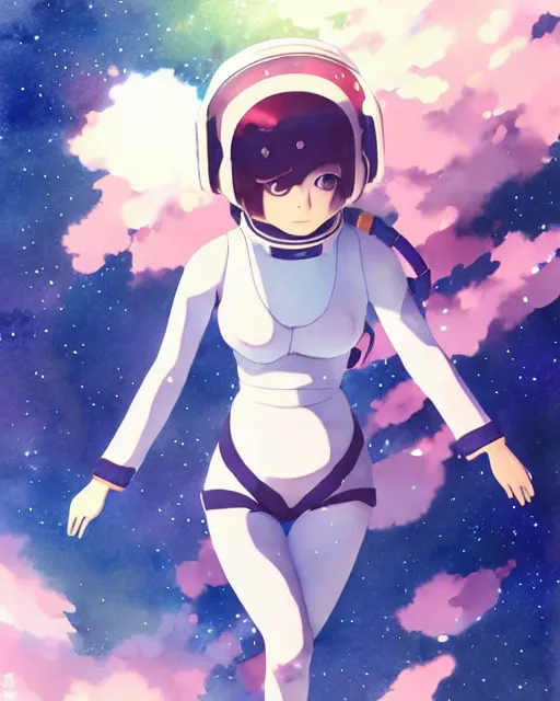 Image similar to oriental water color of a cute thicc astronaut woman, floating through space, backlit, realistic anime, by makoto shinkai and krenz cushart