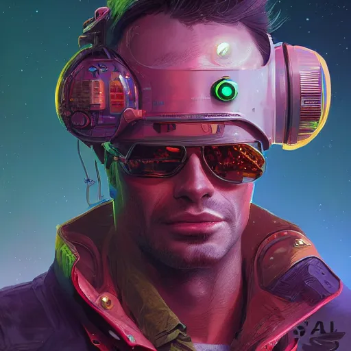 Image similar to a head and shoulders portrait of a space cowboy, neon, retro, steampunk, smooth, sharp focus, intricate, artstation, detailed concept art by Marc Simonetti