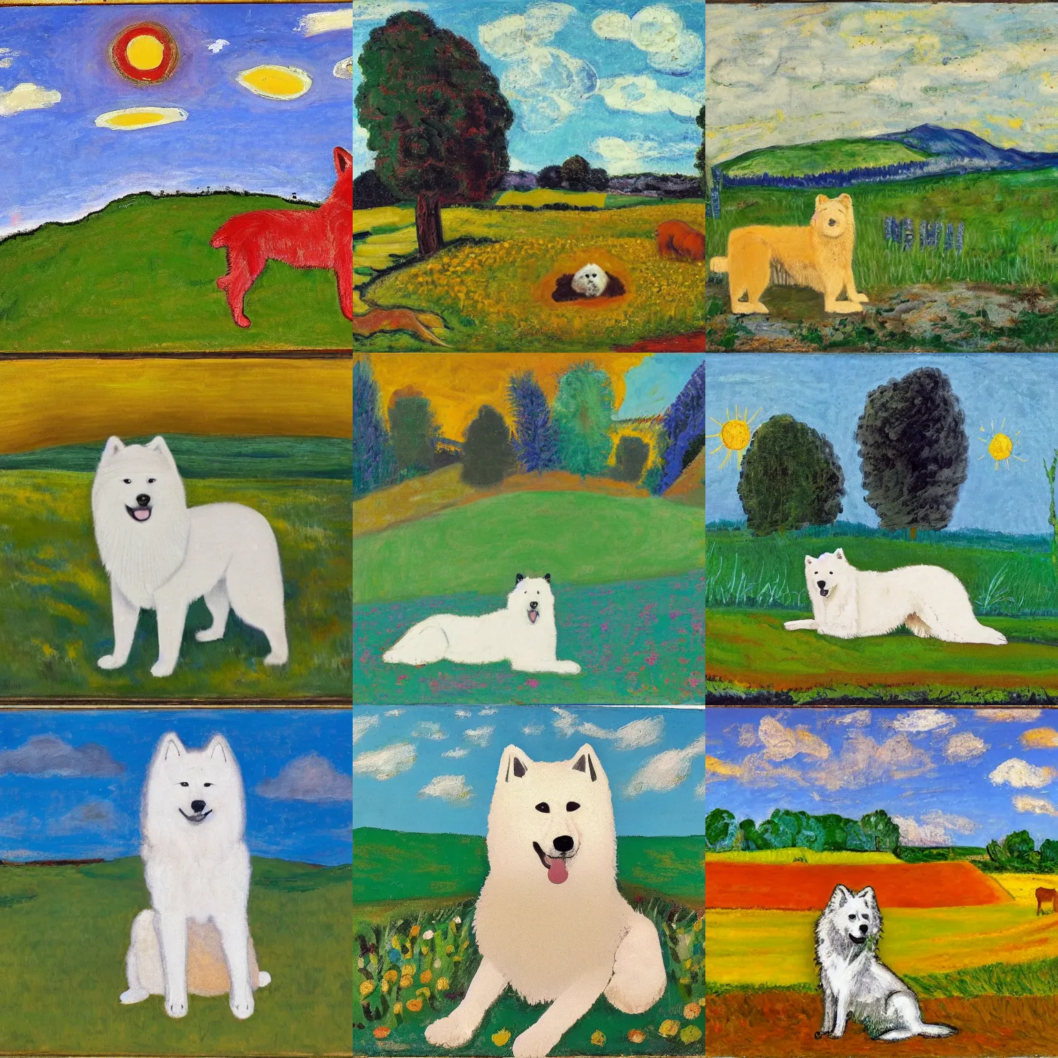 Prompt: a samoyed dog sitting in the middle of sunny meadow, by beauford delaney