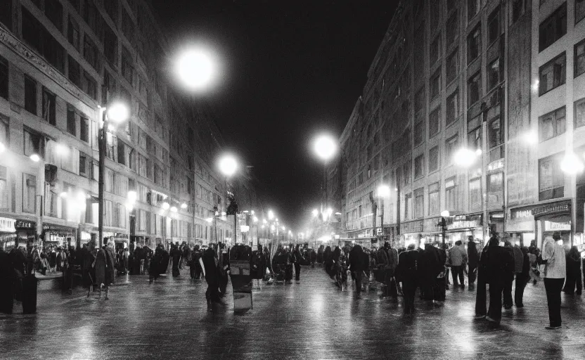 Prompt: 1990s movie still of a german street with a large crowd of philosophers, with stalinist style highrise, cinestill 800t 35mm black and white, heavy grainy picture, very detailed, high quality, 4k panoramic, hd criterion streetlight at night, foggy