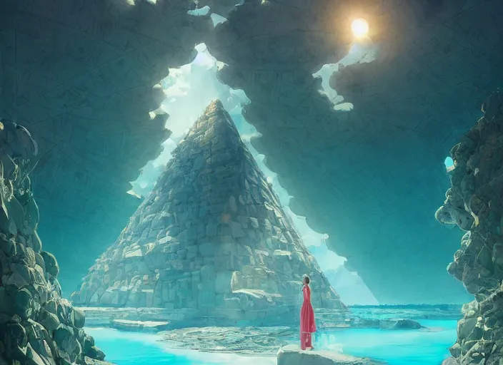 Image similar to lee jin - eun in luxurious dress emerging from turquoise water in egyptian pyramid city during an eclipse by peter mohrbacher, android james, conrad roset, m. k. kaluta, martine johanna, rule of thirds, elegant look, beautiful, chic