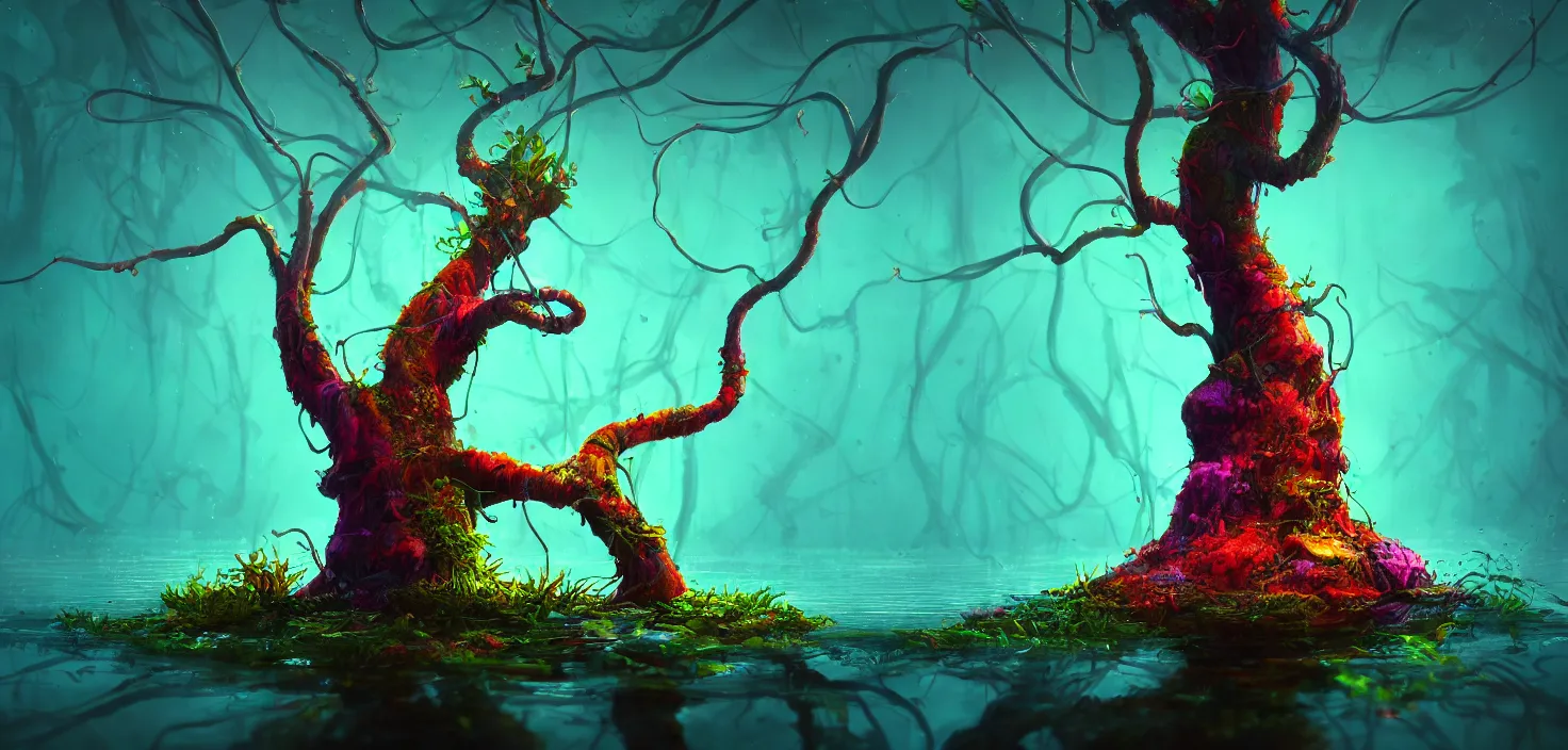 Prompt: colourful murky nature with the tree in water, in the style of craola, shallow depth of field, highly detailed, digital painting, trending artstation, concept art, illustration, cinematic lighting, vibrant colors, photorealism, epic, octane render