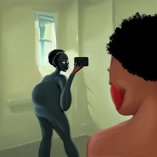 Prompt: stunning, coherent, beautiful painting, still of a creepy man following a beautiful black bbw woman into her bedroom , she is taking a selfie of the creepy man is following her, 3d, in the style of pixar, comic book style, 3d, highly detailed, highly detailed, sharp focus, bokeh, depth of field, 16k resolution, Unreal Engine 5, coherent, cinematic lighting, photorealistic, by Zhang Jingna