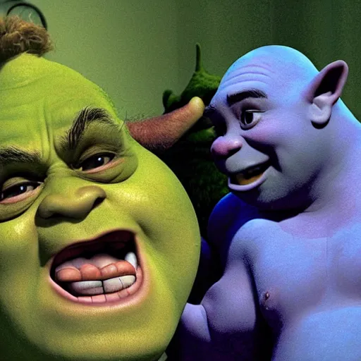 Prompt: a professional atmospheric film like 35mm photograph of an evil laughing Joe Biden shirtless sticking his tongue in Shrek's ear