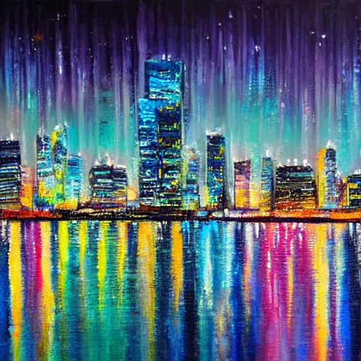 Image similar to realistic painting of a city skyline with colorful buildings and a black night sky reflecting on the water