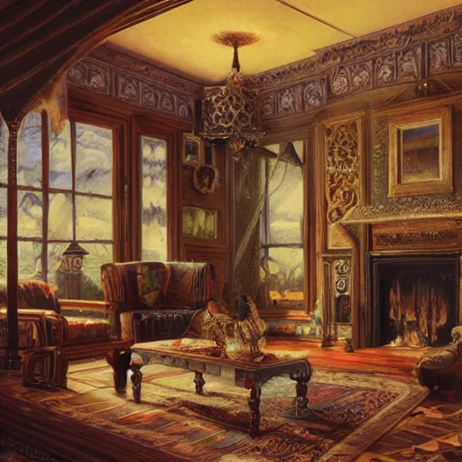 Prompt: intricate detailed victorian goth interior of a vintage 1 9 7 0 s living room with wooden tv by peter mohrbacher and dan mumford, cgsociety