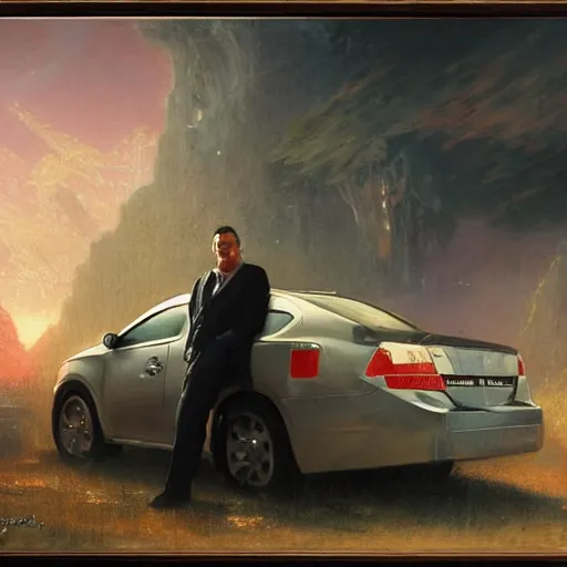 Prompt: portrait of hollywood agent gary murdoch, who lives in a nissan sentra. by gaston bussiere, bayard wu, greg rutkowski, giger, maxim verehin, vaporwave background