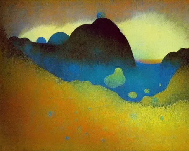 Image similar to A wild, insane, modernist landscape painting. Wild energy patterns rippling in all directions. Curves, organic, zig-zags. Saturated color. Mountains. Clouds. Rushing water. Waves. Psychedelic dream world. Odilon Redon.