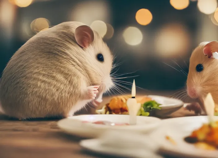 Prompt: photo of a hamsters on a date, eating various michelin dishes, at night, faded colors, candlelit restaurant table, various poses, soft light, centered, sharp focus, 8 k