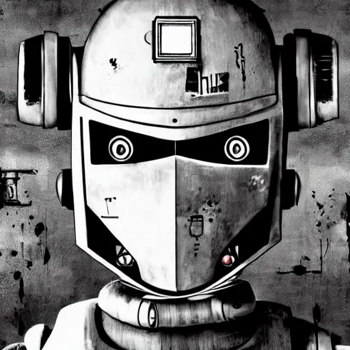 Prompt: chappie robot color graffiti, black and white zef design graffiti covering the wall behind, dark lighting, digital art, beautiful, cinematic, artstation