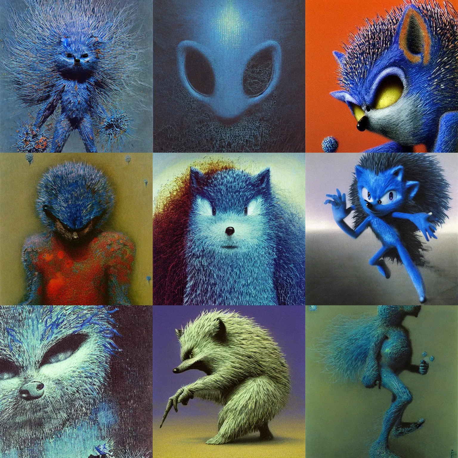 Prompt: blue sonic the hedgehog by beksinski and Ivan Marchuk