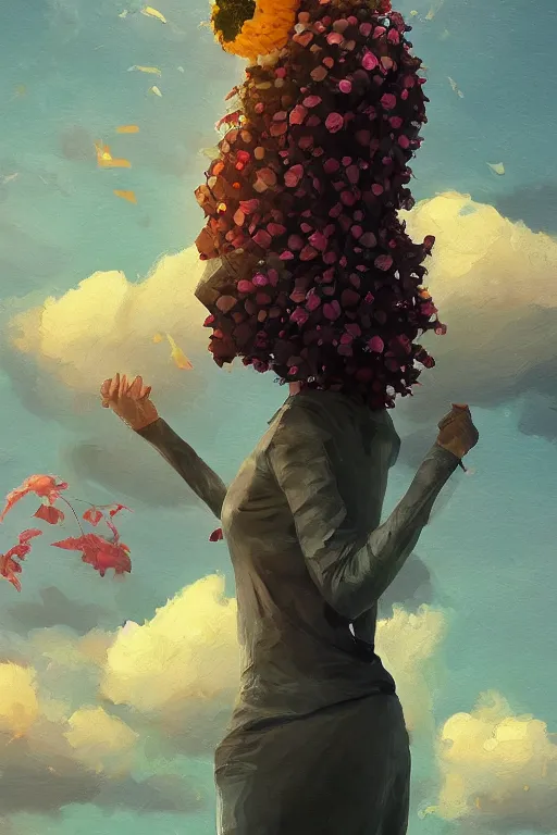 Prompt: portrait, giant flower under head, a girl standing on pillar, surreal photography, wind and cold, dramatic sky, impressionist painting, digital painting, artstation, simon stalenhag