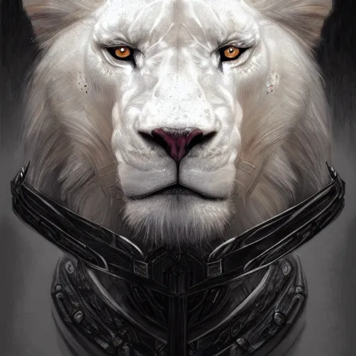 Image similar to anthropomorphic male muscular albino white lion, wearing beautiful vikings armor, darkness aura red light, fantasy, dark, black and white high contrast portrait art by donato giancola and greg rutkowski, realistic face, digital art, trending on artstation, symmetry