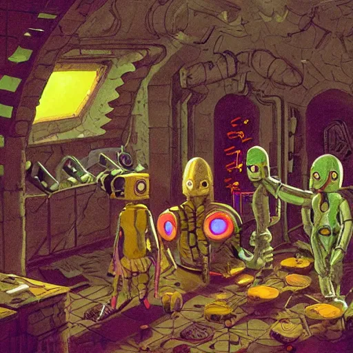 Image similar to medieval extraterrestrial villagers pointing to broken non - functioning robot sitting on floor in corner of room, colorful, dramatic lighting, illustration, fantastic planet, ron cobb, mike mignogna, jim henson creature shop, science fiction, detailed painting, high detail, coherent, rough paper