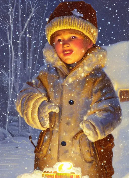 Image similar to close-up portrait of little boy wearing a little backpack finding a gingerbread house in the snow, winter scene fantasy, fireflies, torch light, scary creatures in background, intricate, elegant, highly detailed, centered, smooth, sharp focus, Donato Giancola, Joseph Christian Leyendecker, WLOP, Boris Vallejo, Artgerm