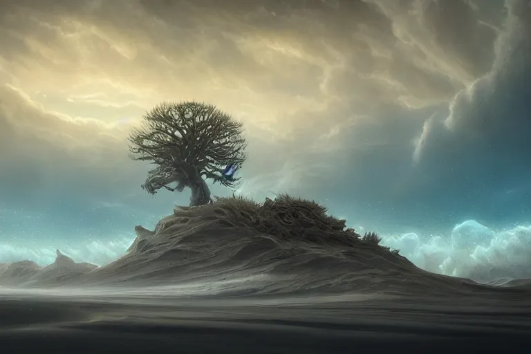 Prompt: cinematic fantasy landscape painting by jessica rossier, primordial and cosmic, desert valley of bones, an autumn maple bonsai growing alone, on a desolate sand dune surrounded by storm tossed waves hr giger