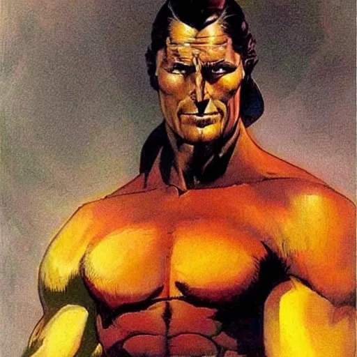 Prompt: painting by Frank Frazetta of Christian Bale!!!! as Dr. Manhattan in Watchmen