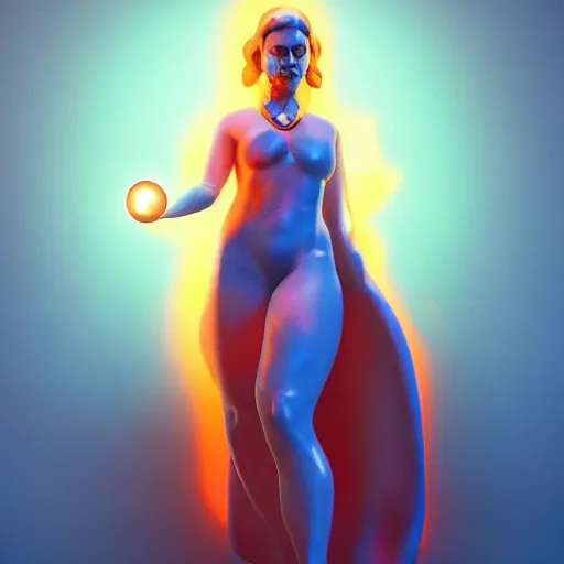 Image similar to a powerful goddess woman floating with a glowing orb of blue power in her hand, trending on artstation, colourful, powerful, dark, mysterious, unreal engine 5