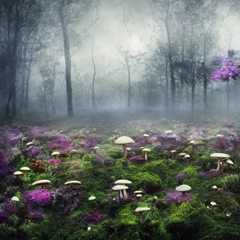 Image similar to a planet of various fungus, mushrooms, flowers and plants, inside the picture is infinity, Atmospheric, artistic photography, conceptual, long exposure outside the city, volumetric light