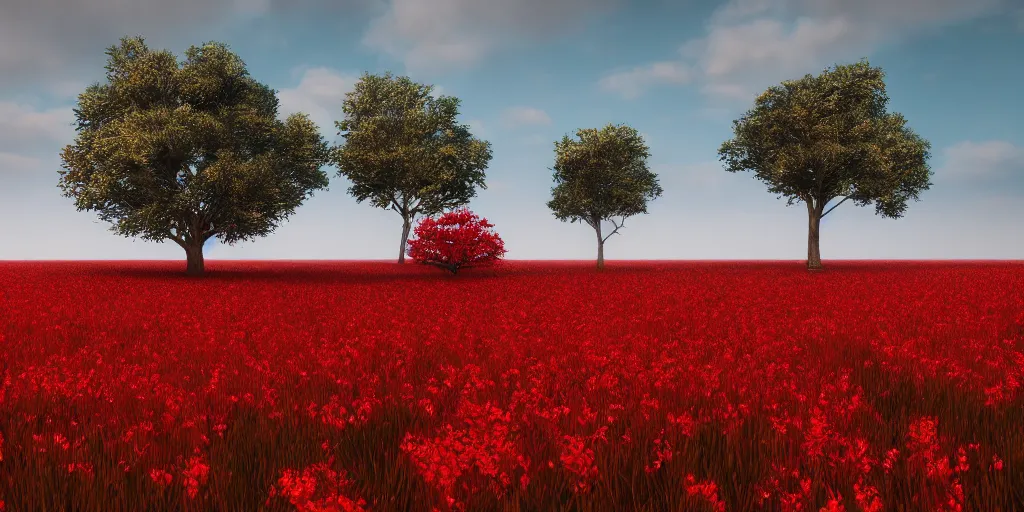 Image similar to a single big red tree in the middle of a battlefield near a bunch of red flowers at sunrise, hyperrealistic, concept art, octane render, unreal engine 5, trending on Artstation, high quality, 8K, dramatic lighting, cinematic, high coherence, highly detailed, Midjourney style, epic scene, path traced, low contrast, complementary colors