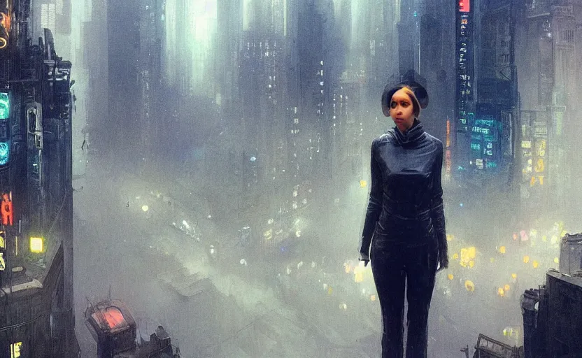 Image similar to 2 0 1 8 blade runner movie still girl look at the cityscape from roof perfect prtrait of young madison beer face fine realistic face pretty face neon puffy jacket blue futuristic sci - fi elegant by denis villeneuve tom anders zorn hans dragan bibin thoma greg rutkowski ismail inceoglu illustrated sand storm alphonse mucha
