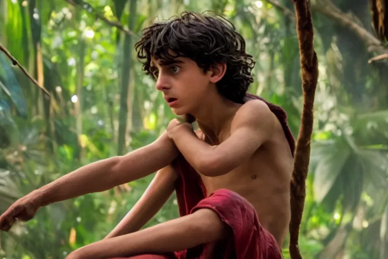 Image similar to timothee chalamet plays mowgli in the live action adaptation of the jungle book, red weapon 8 k s 3 5, cooke anamorphic / i lenses, highly detailed, cinematic lighting