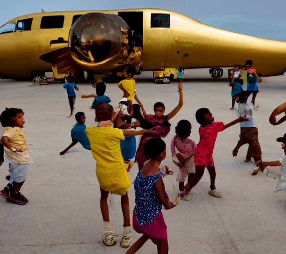 Prompt: photo of a group of children dancing infront of a big golden plane on cuba