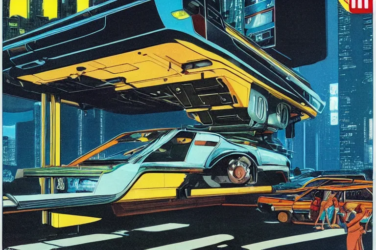 Image similar to 1979 OMNI Magazine Cover depicting a car-lift with a hidden operating room underneath. Cyberpunk Akira style by Vincent Di Fate