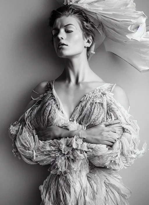 Image similar to a full body portrait of a woman by justin ridler wearing an intricate billowing dress, face in the style of irakli nadar