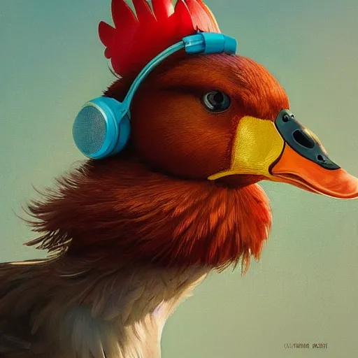 Prompt: epic cinematic hyperrealism masterpiece where a duck with a rapper rooster crest appears with headphones. realistic poster with shaded lighting by craig mallismo, artgerm, jeremy lipkin and michael garmash, unreal engine, radiant light, detailed and complex environment, digital art, art station trends