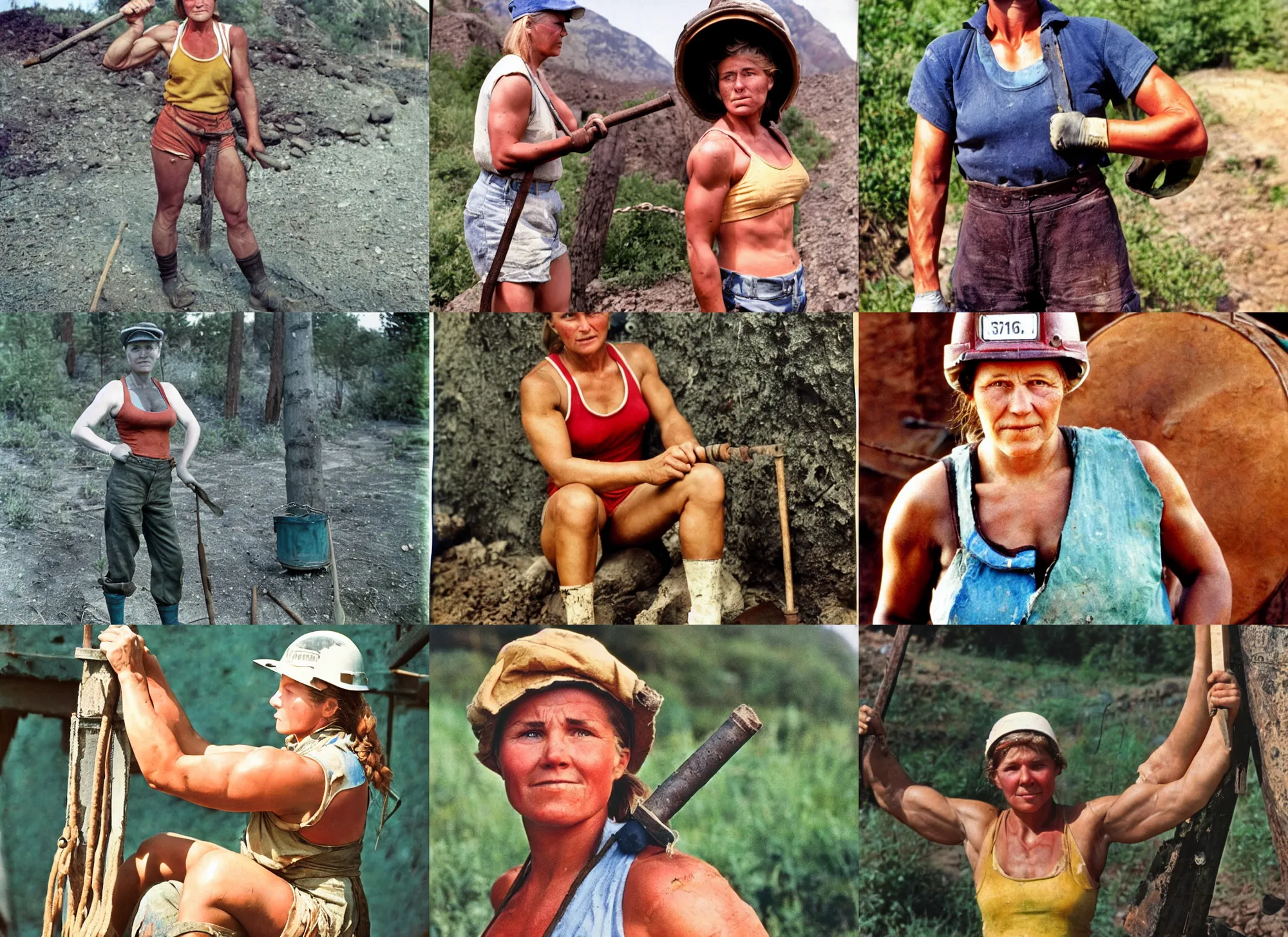 Prompt: A Muscular miner woman, summer 90's professional color photograph.