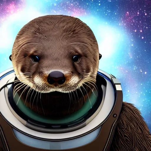 Image similar to a realistic portrait of an otter wearing a space helmet and visor set against a space and nebula background, trending on artstation, ultra detail, photorealistic, fine detail, cgi, zbrush, global illumination, studio lighting