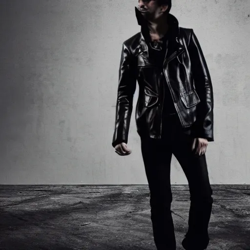 Prompt: a motion blurred young man in black leather, in a bleak industrial brutalist landscape