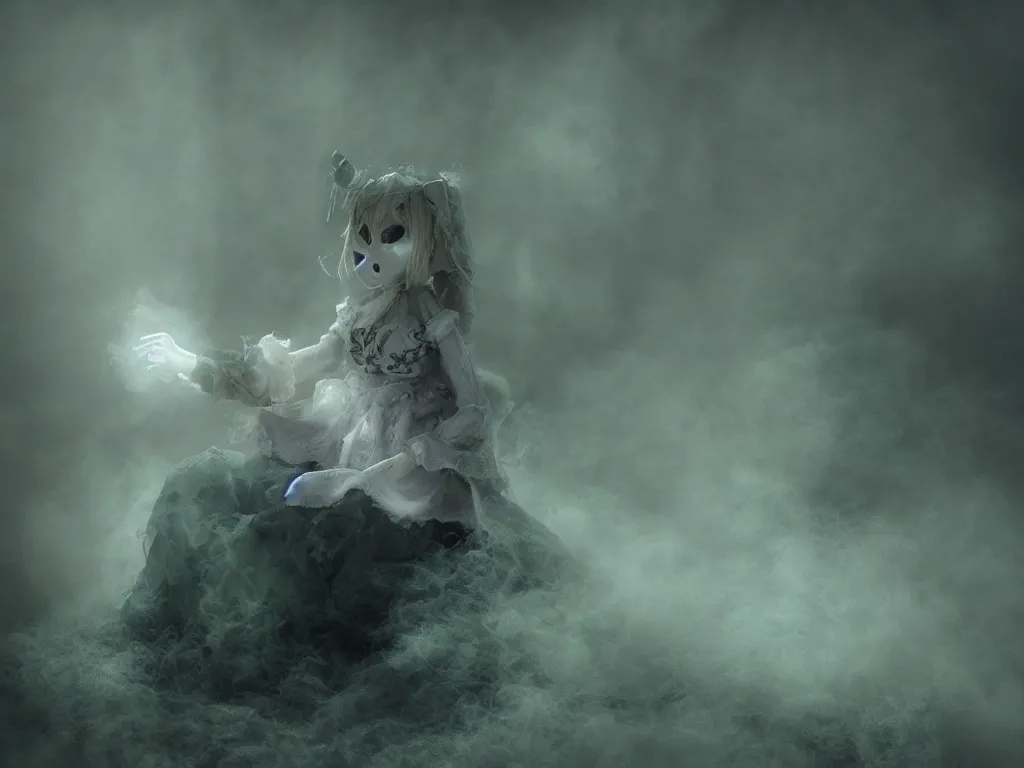 Image similar to cute fumo plush girl ghost in the haze of the murky river, smoke and volumetric fog, tattered gothic horror maiden, fallen angel, green lens flare, light shafts, light and shadow, vray