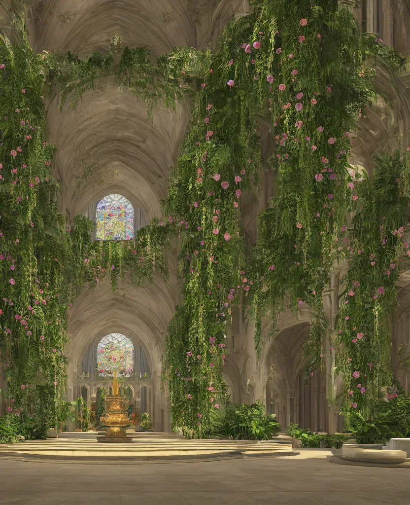 Image similar to grand cathedral interior with koi pond in the middle surrounded by palm trees, ivy, flowers, tropical plants, roses, and with archways, rendered in octane render with photorealistic cinematic volumetric lighting, cinematic, centered, horizontal symmetry