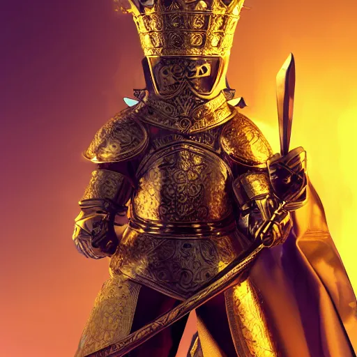 Image similar to a highly detailed knight with glowing purple eyes in a golden helmet and a golden crown with a diamond in the center, golden armor, leather clothes under the armor, leather gloves, holds a black sword, artstation, DeviantArt, professional, octane render, sunset lighting