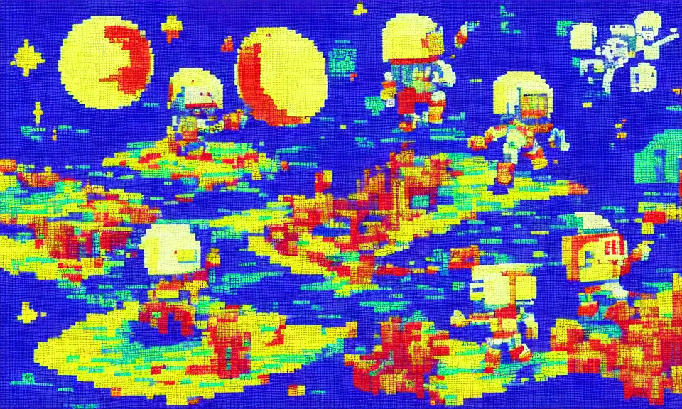 Prompt: 1 6 bit sprite painting of tiny people walking on the moon the style of eric chahi, in the style of 1 6 bit, in the style of sega genesis, in the style of another world