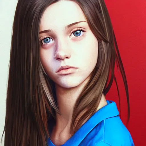 Prompt: portrait of a brunette thin teenager girl with blue eyes wearing school uniform in gta 5, light stubble with red shirt, inside modern school ,digital art,photorealistoc,art by greg rutkowski,hyperdetailed,western comic style,comic,comic style,sharp lineart,professional lighting,deviantart,artstation,trevor henderson,rossdtaws,cinematic,dramatic