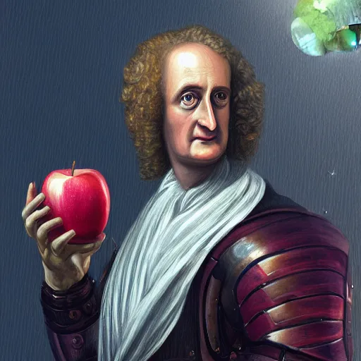 Prompt: An extremely detailed portrait of Isaac Newton in futuristic power armor holding an apple, in the style of Magic the Gathering, 4k, mirror lake, highly detailed, trending on artstation