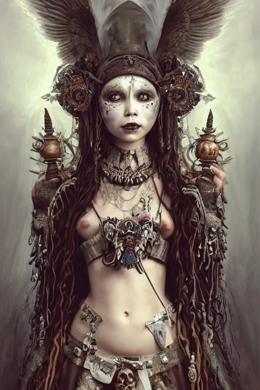 Image similar to A masterpiece ultrarealistic portrait of a Irristible angel princess tribal-shaman-knight-witch-ghost with Skull Iron mask. baroque renaissance girl in the night forest. medium shot, intricate, elegant, highly detailed. trending on artstation, digital art, by Stanley Artgerm Lau, WLOP, Rossdraws, James Jean, Andrei Riabovitchev, Marc Simonetti, Yoshitaka Amano. background by James Jean and Gustav Klimt, light by Julie Bell, 4k, porcelain skin.