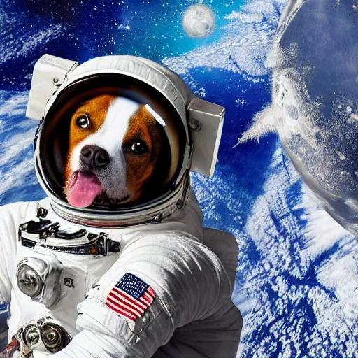 Prompt: an astronaut seeing a dog, photo realistic, 8k