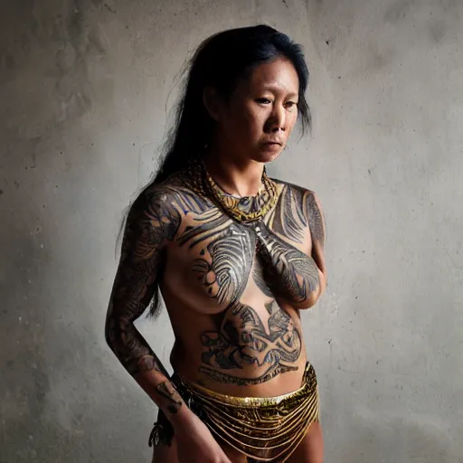 Image similar to A perfect pacific islander female goddess stands for a waist up portrait with her body sightly wrapped in thin gold wire creatively arranged so as to look like Borneo tattoos, in an abandoned barn, hyper photo realistic 8K HD HDRI, photo by Annie Leibovitz.