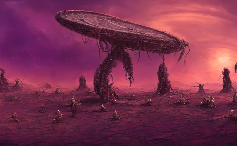 Image similar to matte painting of ant aliens in a desert, science fiction art, elaborate, detailed digital art, trending in artstation, purple color lighting