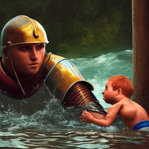 Image similar to a mighty knight saving child from drowning in the river, ultra realistic details, trending on artstation, 8 k