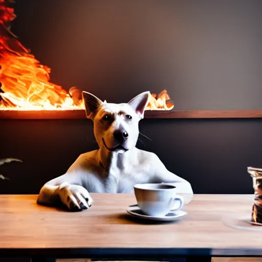 Image similar to a photograph of an humanlike relaxed dog in his house, sitting at a table, ☕ on the table, room is on fire, surrounded by flames, a lot of flames, smoke under the ceiling