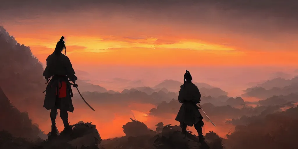 Image similar to A samurai overlooking a village from a cliff, sunset, orange sky, moody, oil on canvas by Frank Frazetta, digital art, artstation, WLOP, CGSociety, Mandy Jurgens