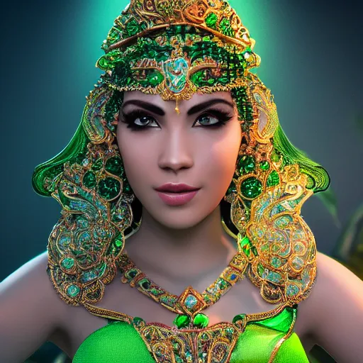 Prompt: photo of wonderful princess of emerald with fair skin, innocent, glowing, ornate and intricate green jewelry, jaw dropping beauty, eyepopping colors, dynamic lighting, intricate and detailed, 4 k octane render