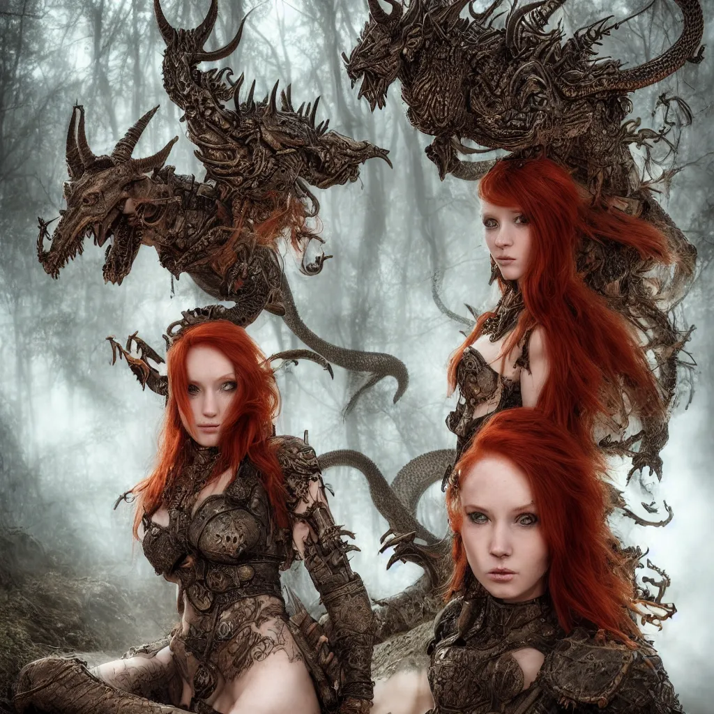 Prompt: 5 5 mm portrait of an armored gorgeous anesthetic redhead woman warrior with a face tattoo and horns growing from her head, and her pet dragon in a magical forest in the style of stefan kostic, art by luis royo. highly detailed 8 k. intricate. lifelike. soft light. nikon d 8 5 0. cinematic post - processing