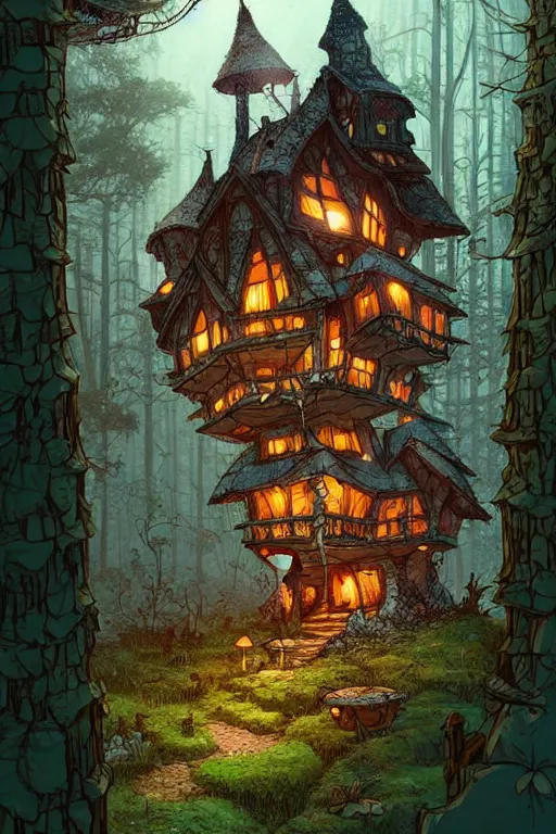 Image similar to a storybook style ramshackle multistory fairytale hut in the forest, intricate, elegant, fantasy, highly detailed, digital painting, concept art, sharp focus, artstation, in style of Laurie Greasley